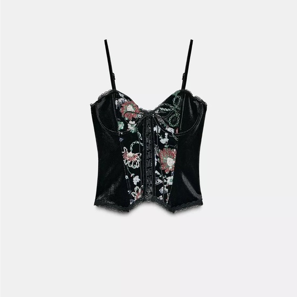 Zara Black Floral Lace-Up Corset Top Bohemian Style - Picture 4 of 6